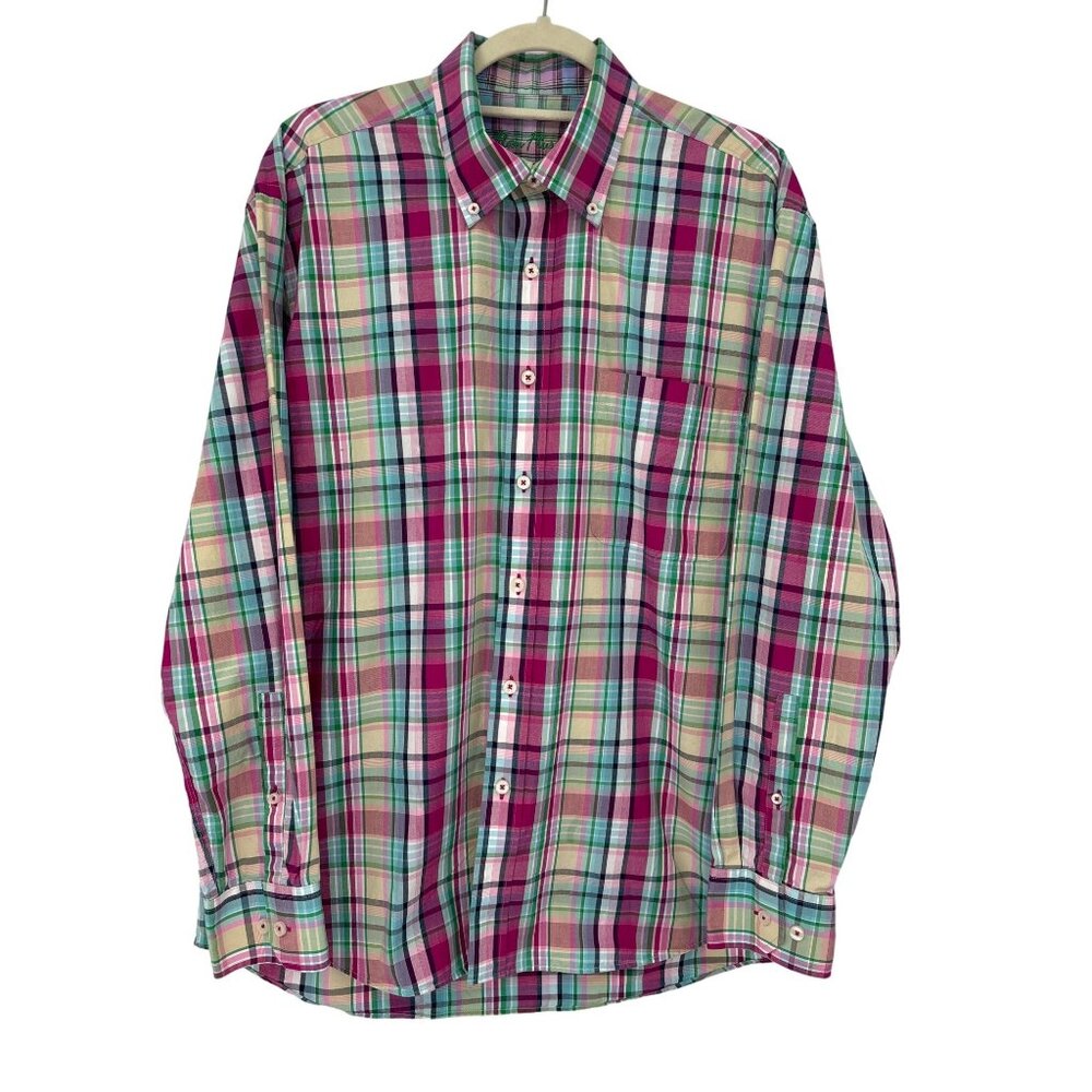 Alan Flusser Mens Plaid Button Down Long Cotton Sleeve Shirt Pink Green Large